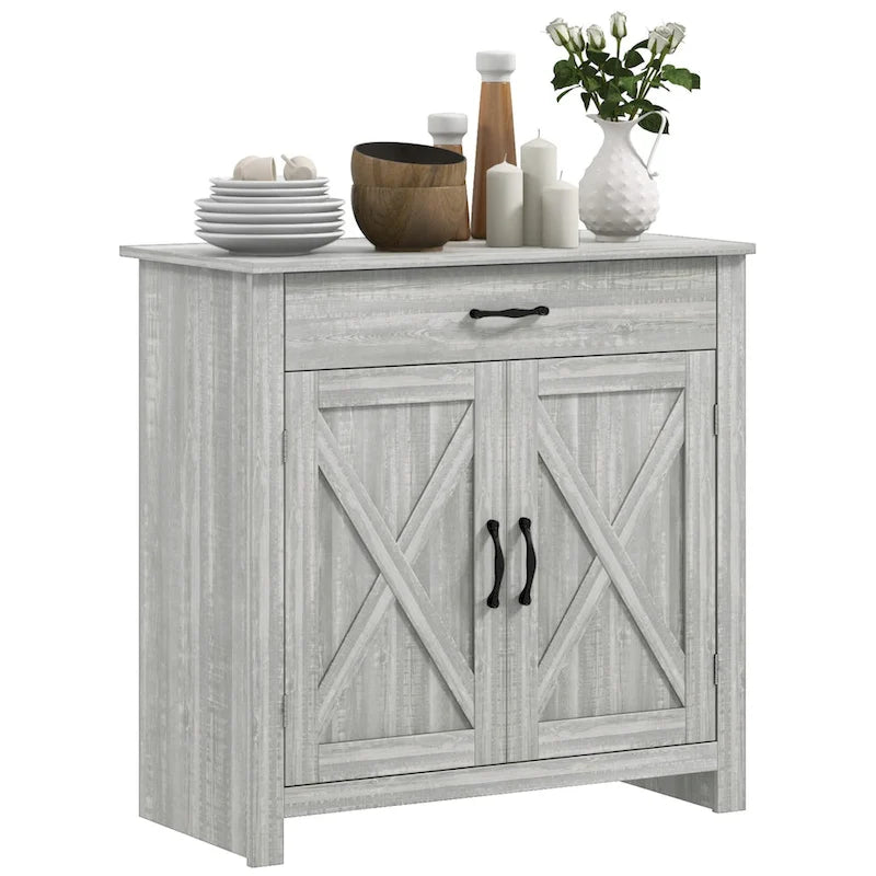 Farmhouse Sideboard Buffet Cabinet, Barn Door Coffee Bar Cabinet with Drawer and Adjustable Shelf