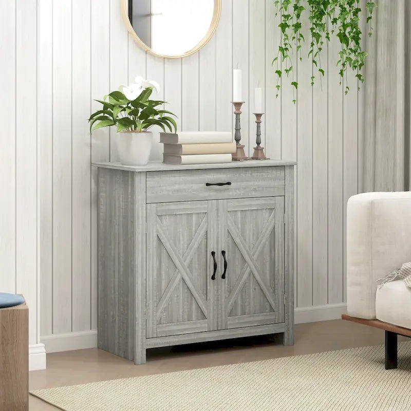Farmhouse Barn Door Sideboard Cabinet with Drawer & 3-Level Adjustable Shelf