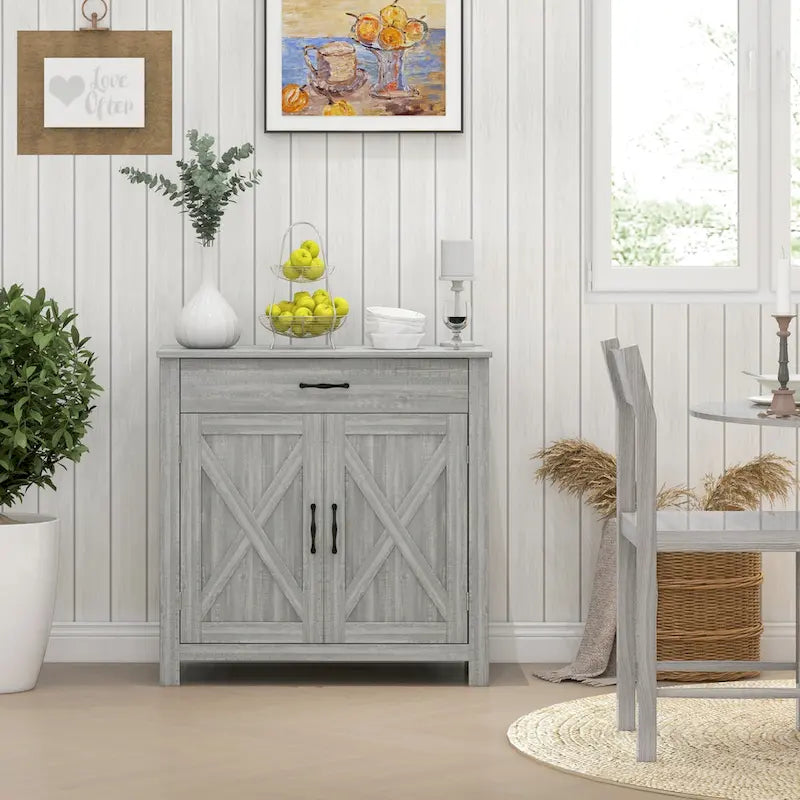 Farmhouse Barn Door Sideboard Cabinet with Drawer & 3-Level Adjustable Shelf
