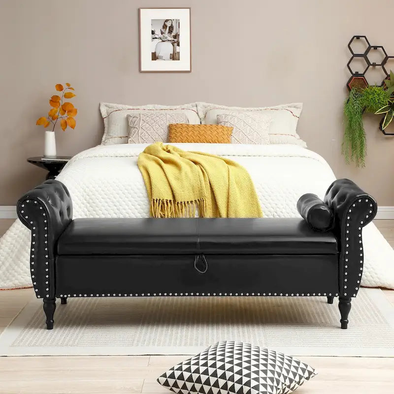 63" PU Leather Flip-Top Storage Bench with Rolled Arms, Button Tufting & Nailhead Trim
