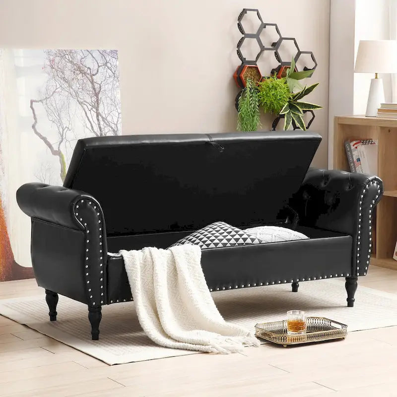 63" PU Leather Flip-Top Storage Bench with Rolled Arms, Button Tufting & Nailhead Trim