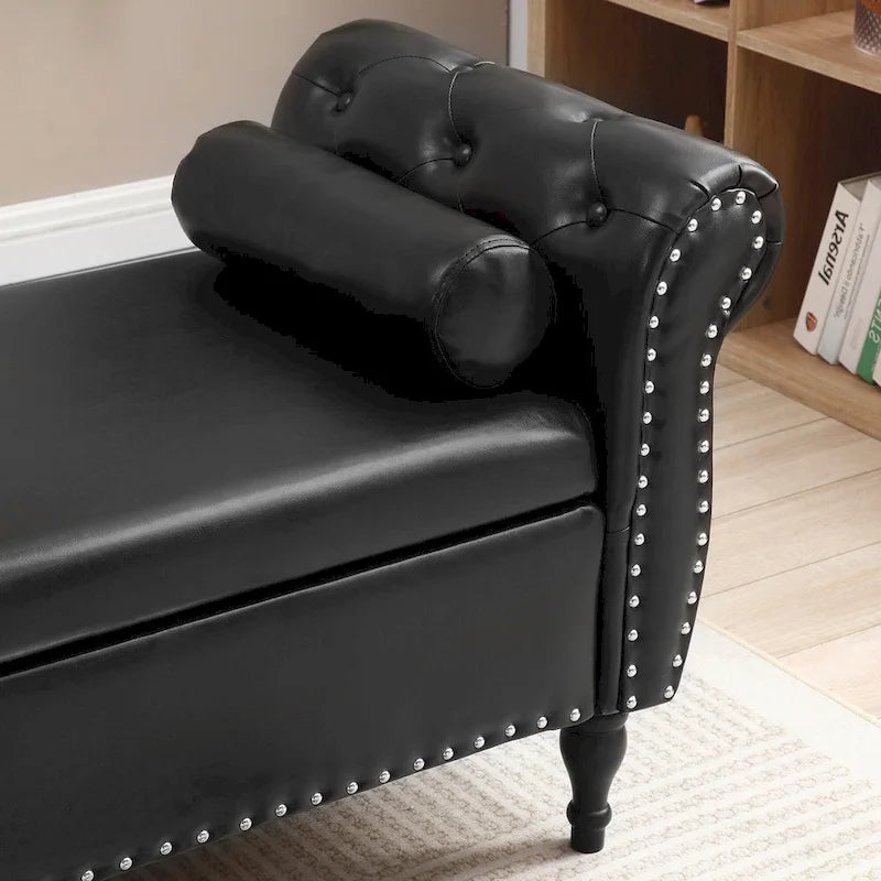 63" PU Leather Flip-Top Storage Bench with Rolled Arms, Button Tufting & Nailhead Trim