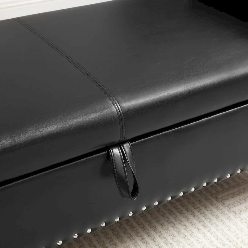 63" PU Leather Flip-Top Storage Bench with Rolled Arms, Button Tufting & Nailhead Trim