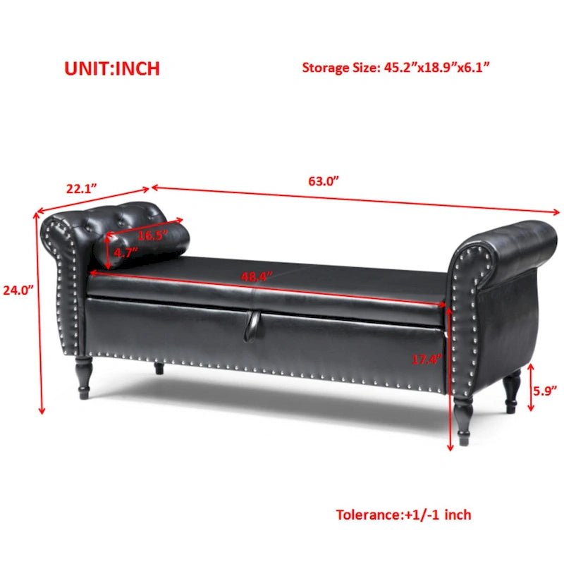 63" PU Leather Flip-Top Storage Bench with Rolled Arms, Button Tufting & Nailhead Trim