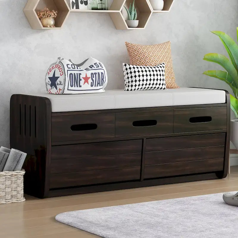 Rustic Storage Bench with Drawers and Striped Door Panel