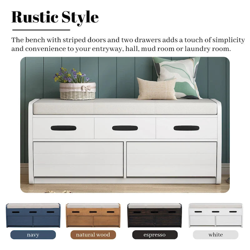 Rustic Storage Bench with Drawers and Striped Door Panel