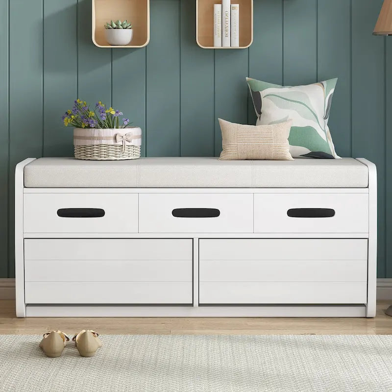 Rustic Storage Bench with Drawers and Striped Door Panel