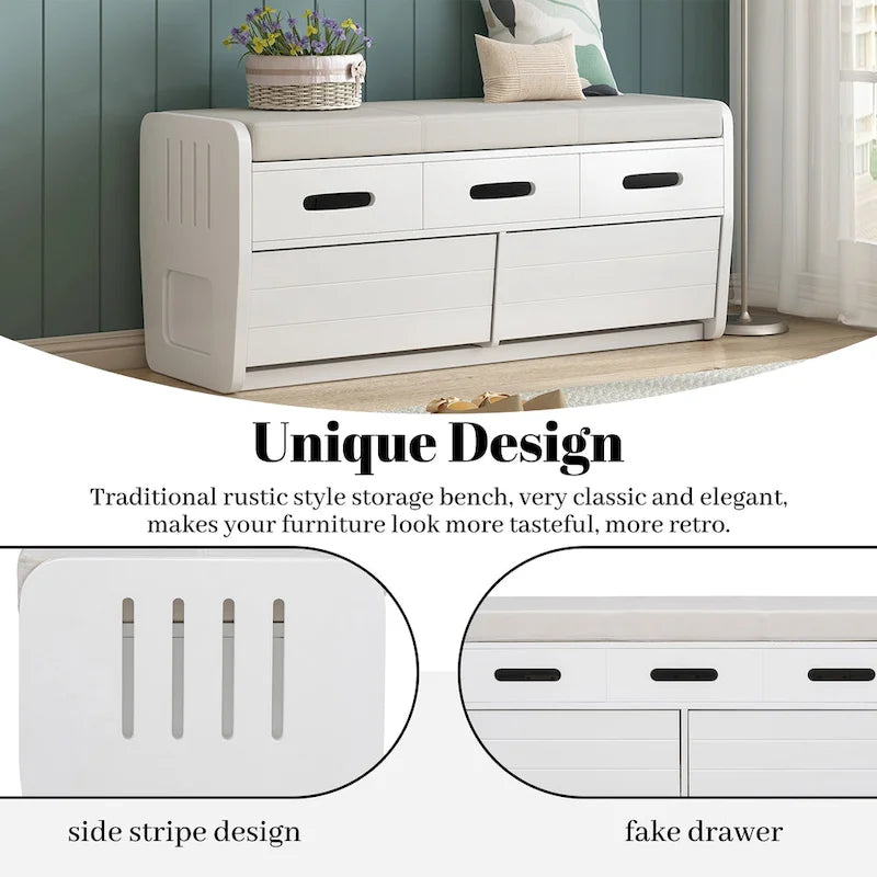 Rustic Storage Bench with Drawers and Striped Door Panel