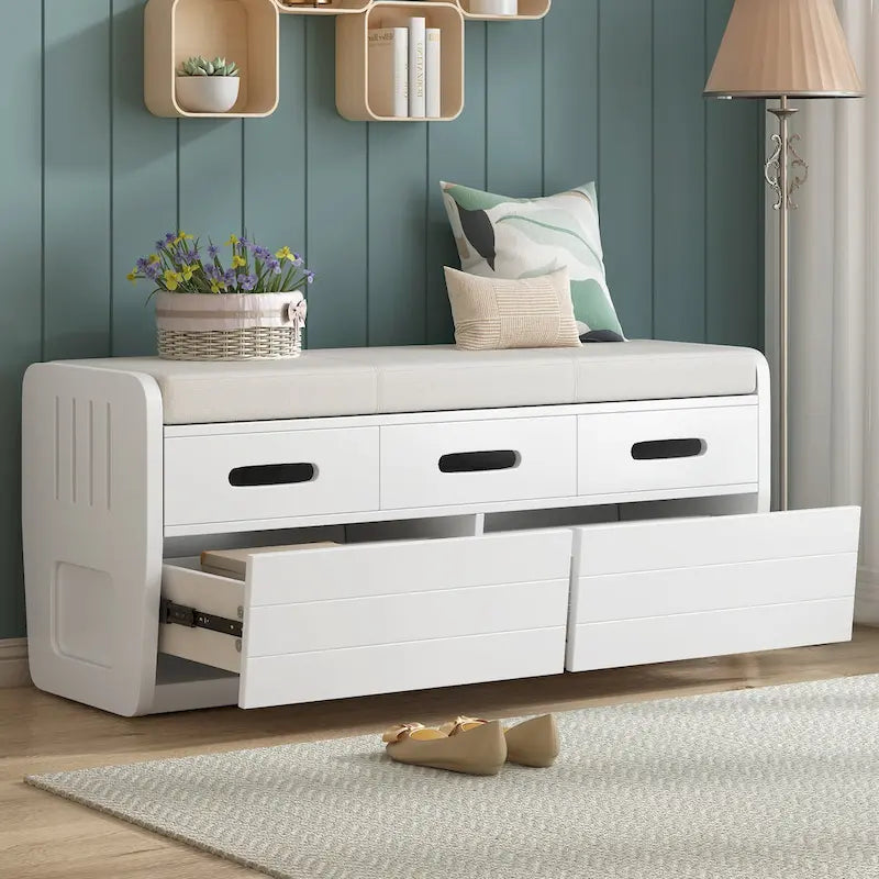 Rustic Storage Bench with Drawers and Striped Door Panel