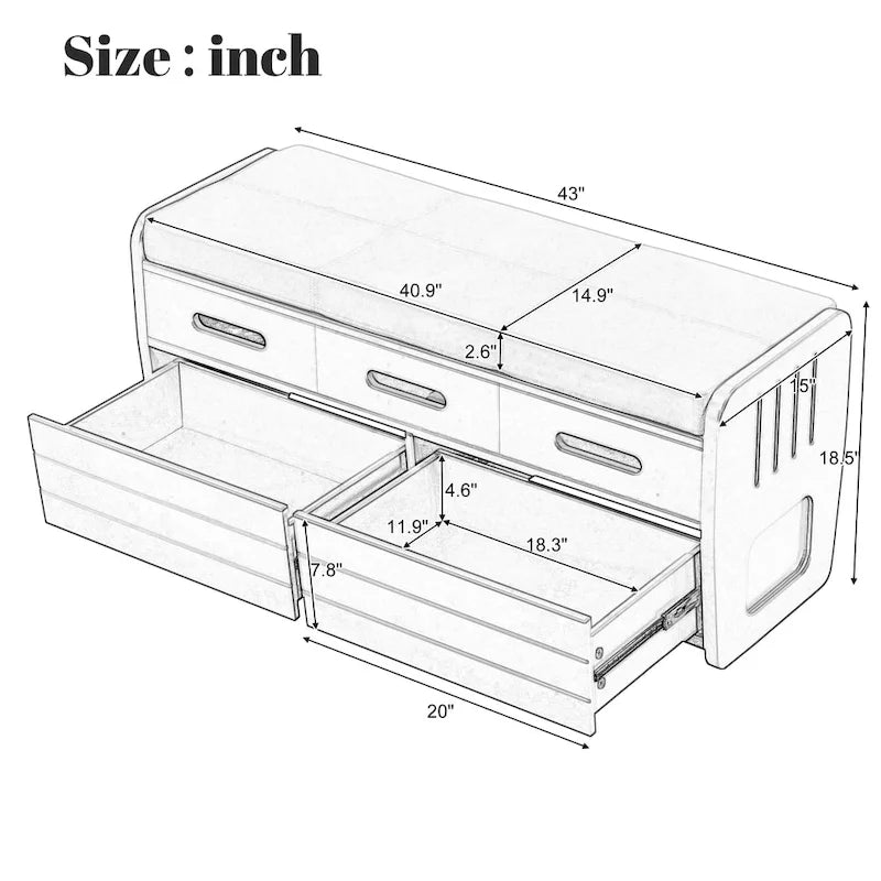 Rustic Storage Bench with Drawers and Striped Door Panel