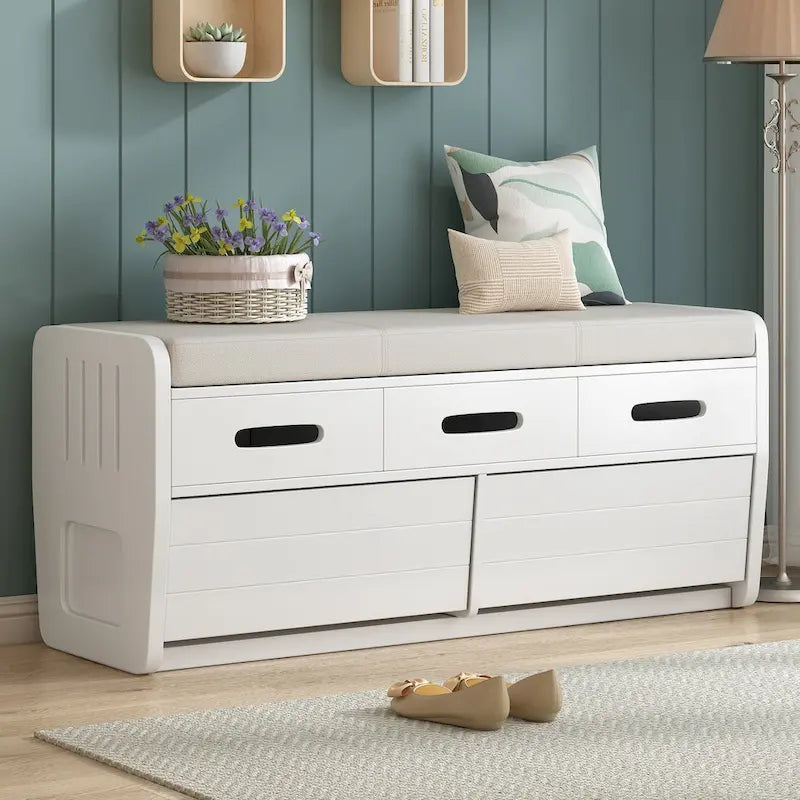 Rustic Storage Bench with Drawers and Striped Door Panel
