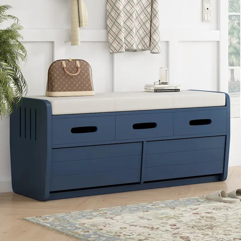 Rustic Storage Bench with Drawers and Striped Door Panel