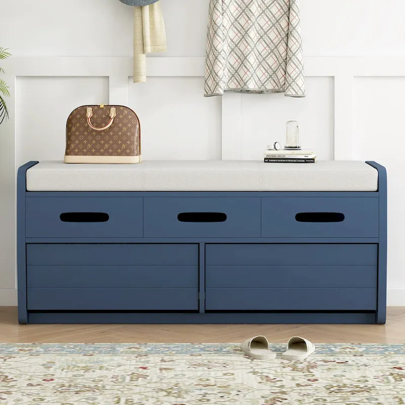 Rustic Storage Bench with Drawers and Striped Door Panel