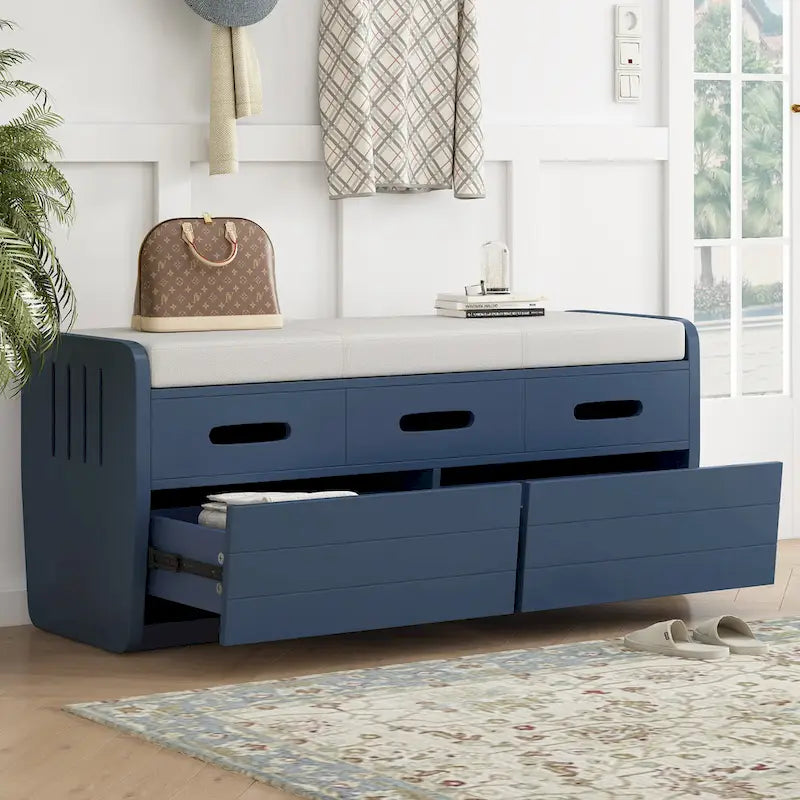 Rustic Storage Bench with Drawers and Striped Door Panel