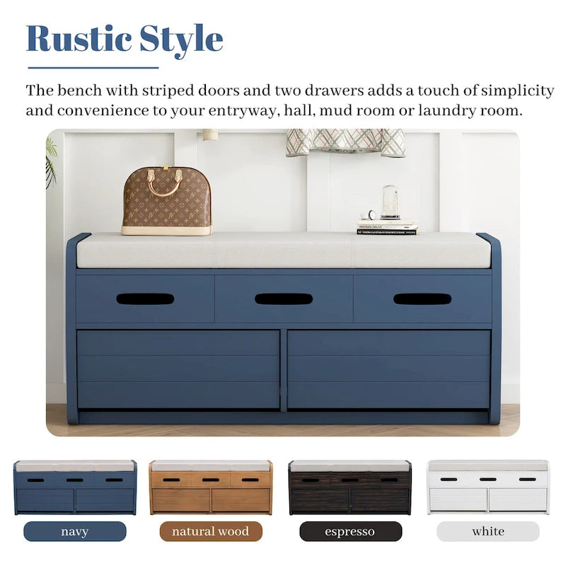 Rustic Storage Bench with Drawers and Striped Door Panel