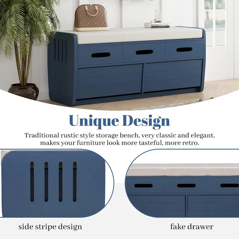 Rustic Storage Bench with Drawers and Striped Door Panel