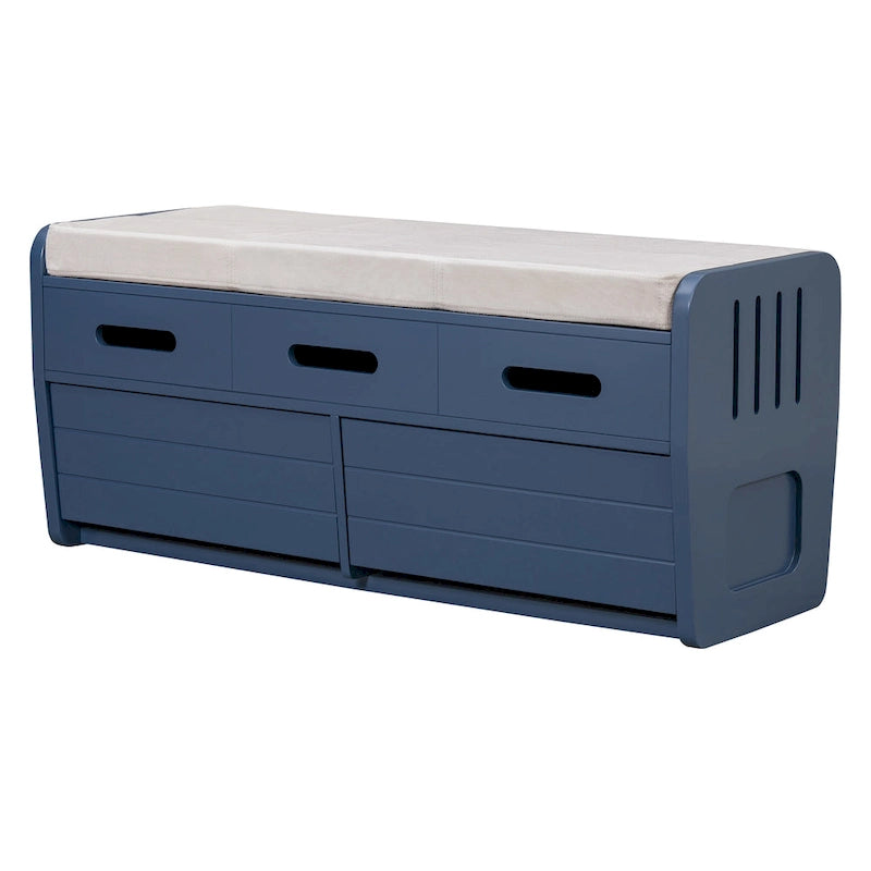 Rustic Storage Bench with Drawers and Striped Door Panel