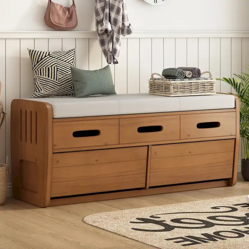 Rustic Storage Bench with Drawers and Striped Door Panel
