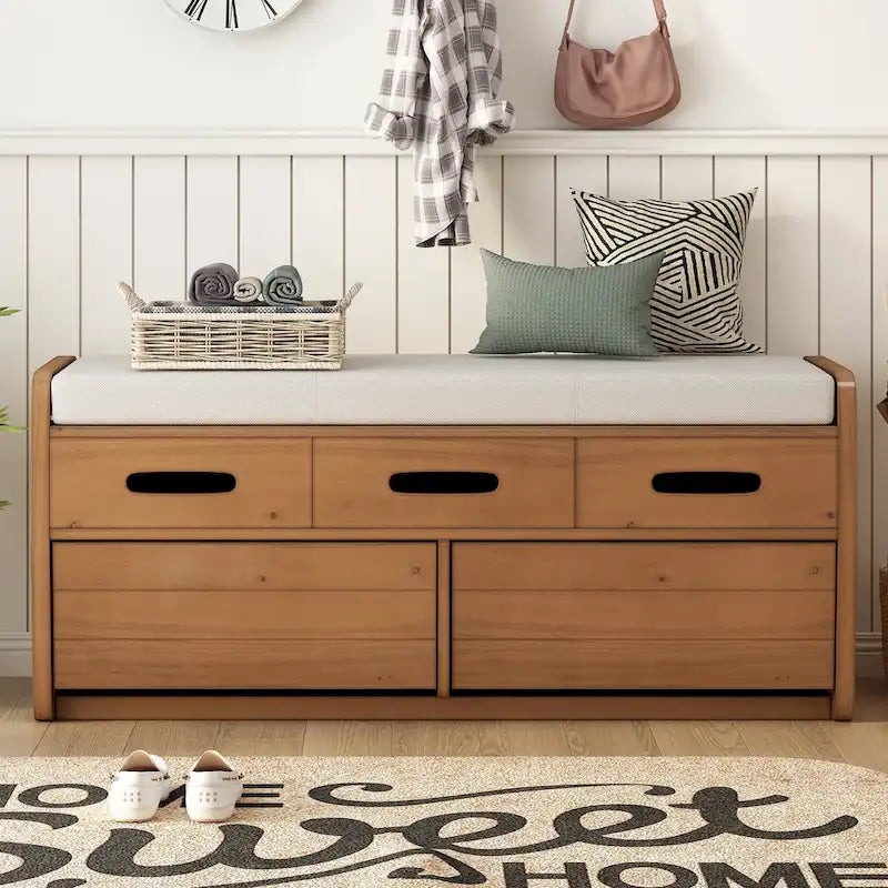 Rustic Storage Bench with Drawers and Striped Door Panel