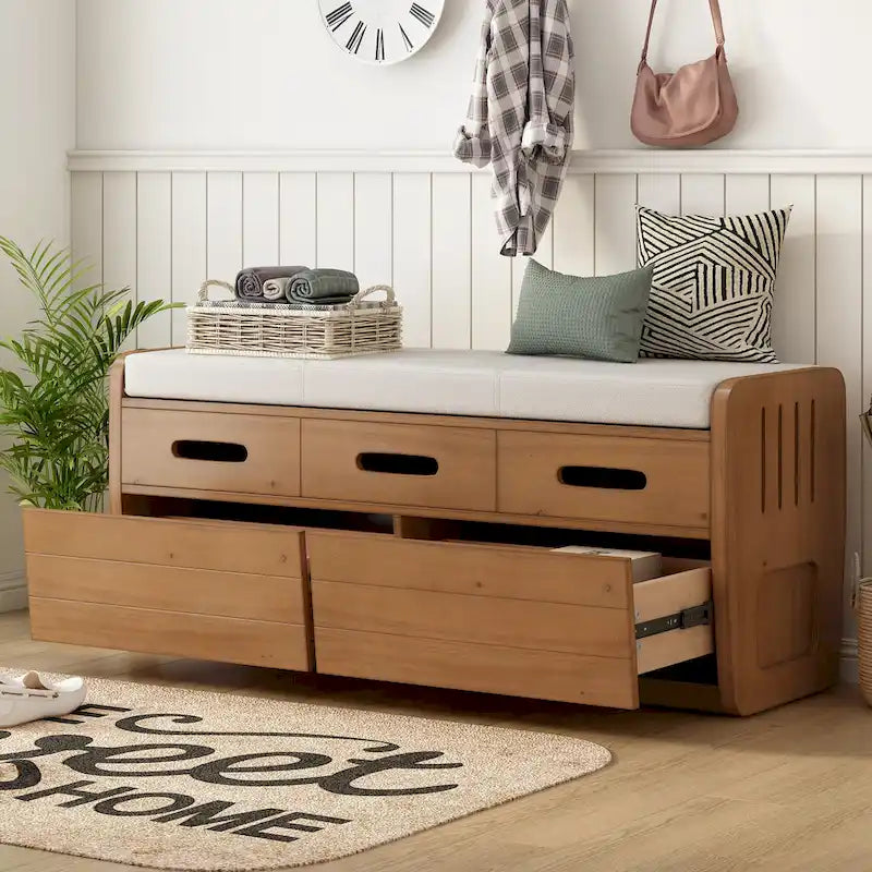 Rustic Storage Bench with Drawers and Striped Door Panel