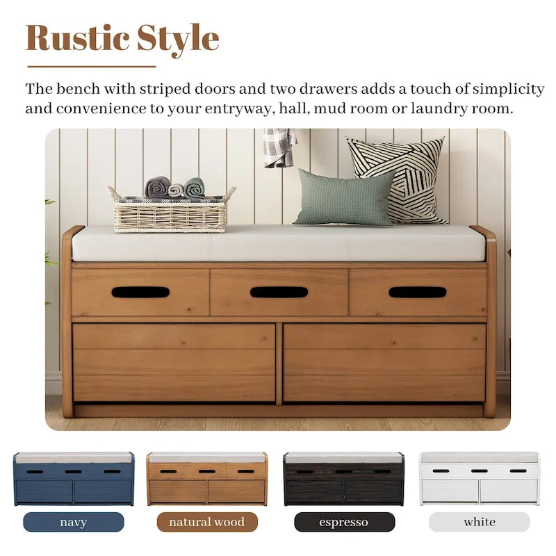 Rustic Storage Bench with Drawers and Striped Door Panel