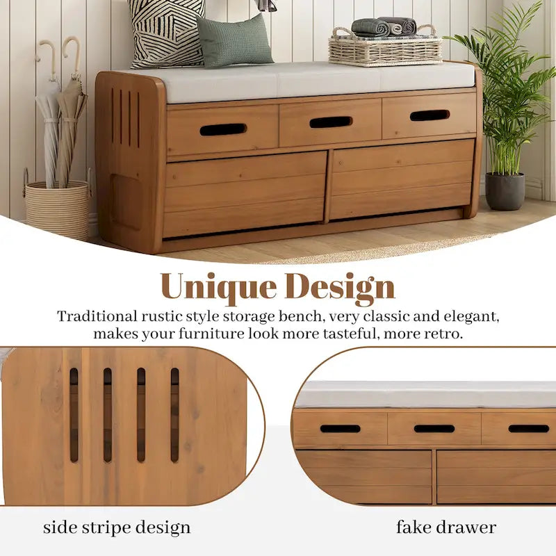 Rustic Storage Bench with Drawers and Striped Door Panel