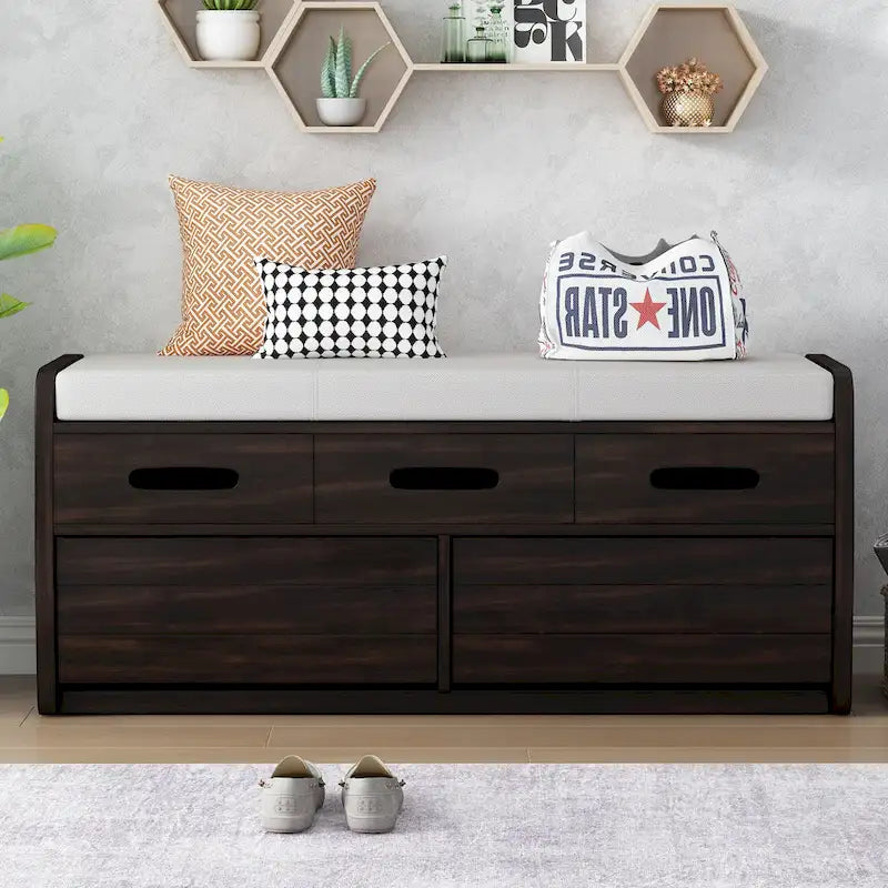 Rustic Storage Bench with Drawers and Striped Door Panel