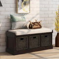 Rustic Storage Bench with 3 Rattan Baskets and Removable Cushion