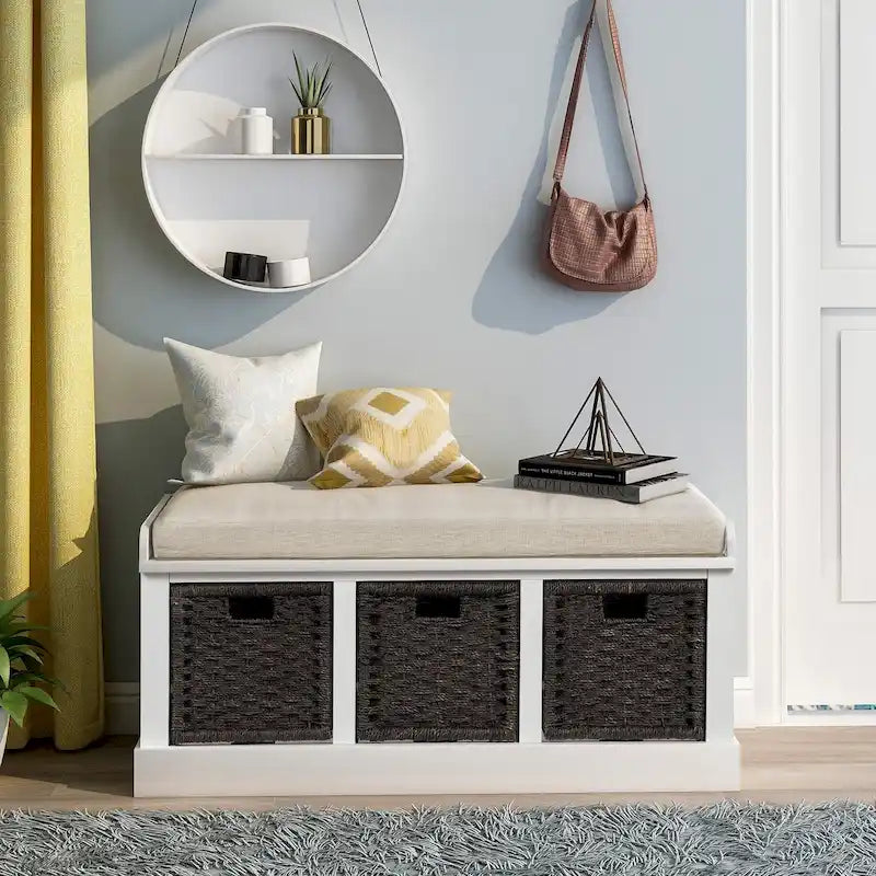 Rustic Storage Bench with 3 Rattan Baskets and Removable Cushion
