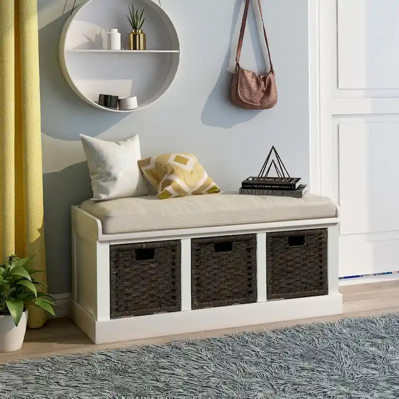 Rustic Storage Bench with 3 Rattan Baskets and Removable Cushion