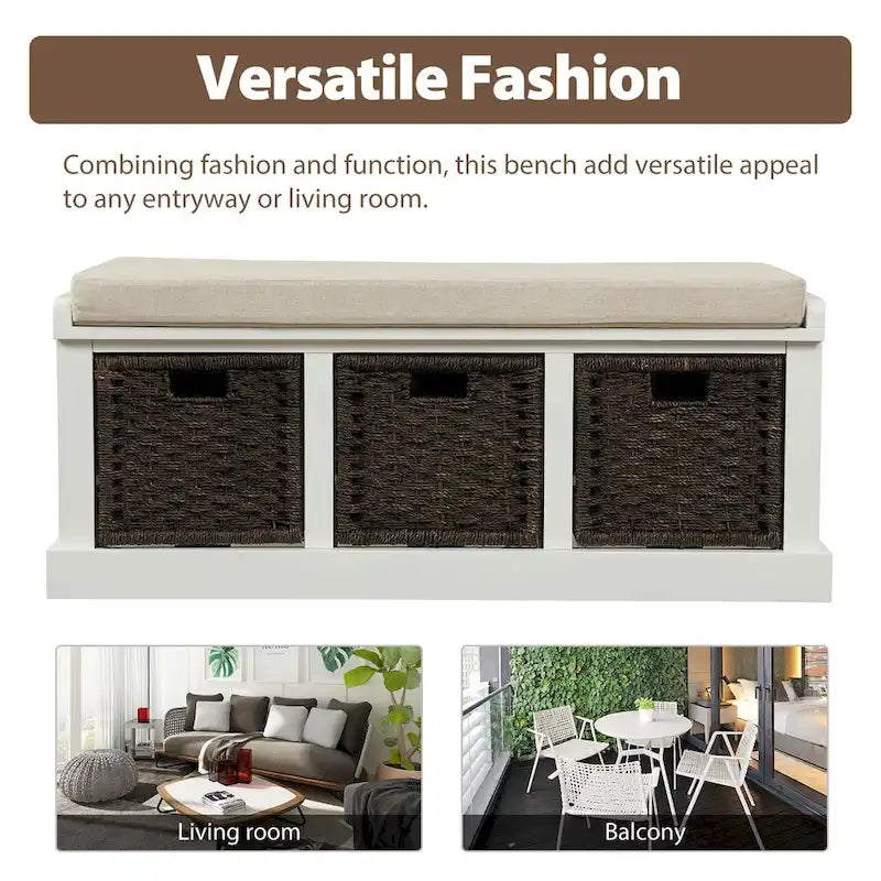 Rustic Storage Bench with 3 Rattan Baskets and Removable Cushion