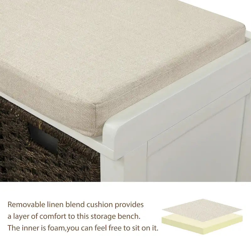 Rustic Storage Bench with 3 Rattan Baskets and Removable Cushion