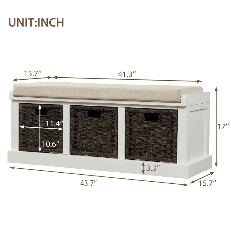 Rustic Storage Bench with 3 Rattan Baskets and Removable Cushion