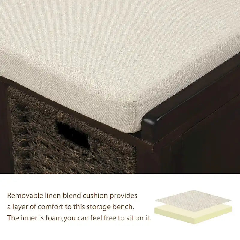 Rustic Storage Bench with 3 Rattan Baskets and Removable Cushion