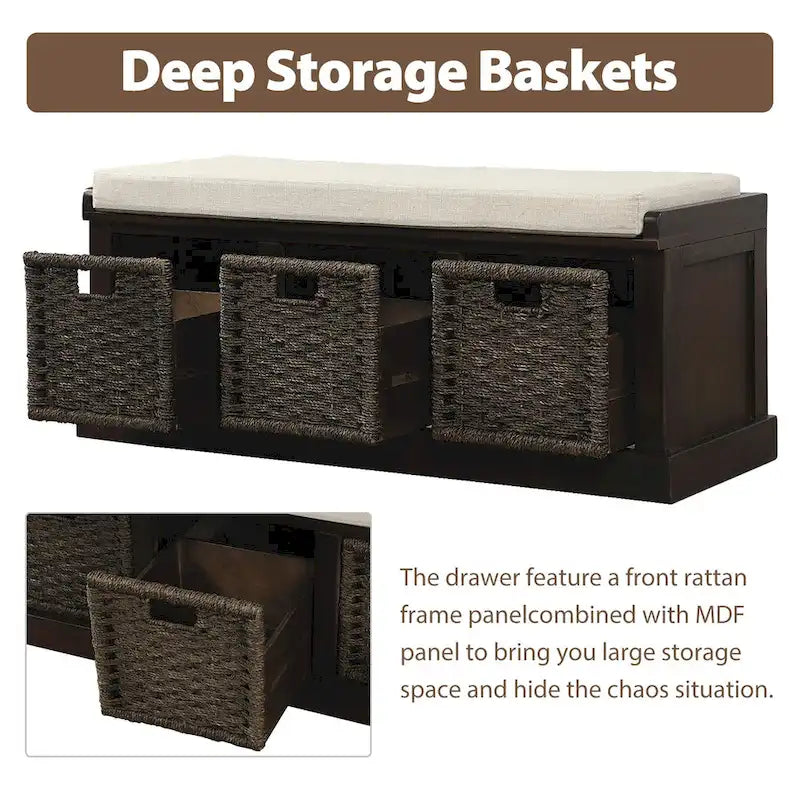 Rustic Storage Bench with 3 Rattan Baskets and Removable Cushion
