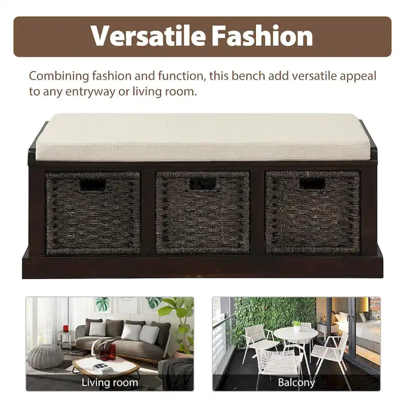 Rustic Storage Bench with 3 Rattan Baskets and Removable Cushion