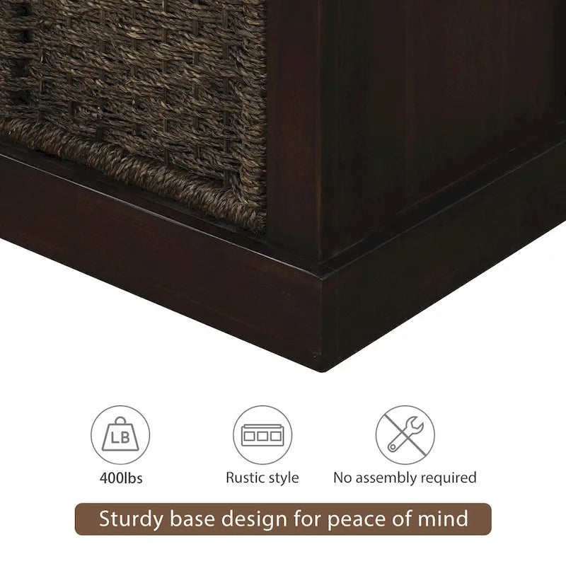 Rustic Storage Bench with 3 Rattan Baskets and Removable Cushion