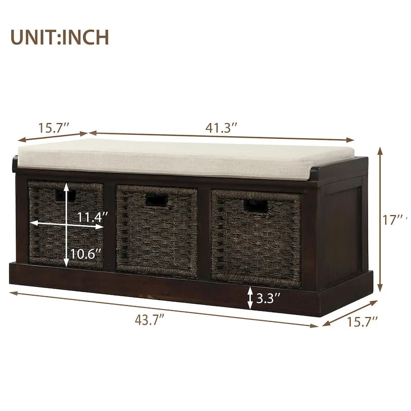 Rustic Storage Bench with 3 Rattan Baskets and Removable Cushion