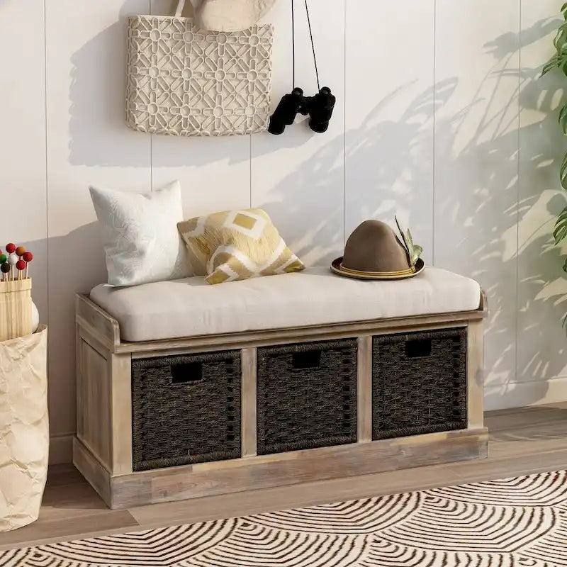 Rustic Storage Bench with 3 Rattan Baskets and Removable Cushion
