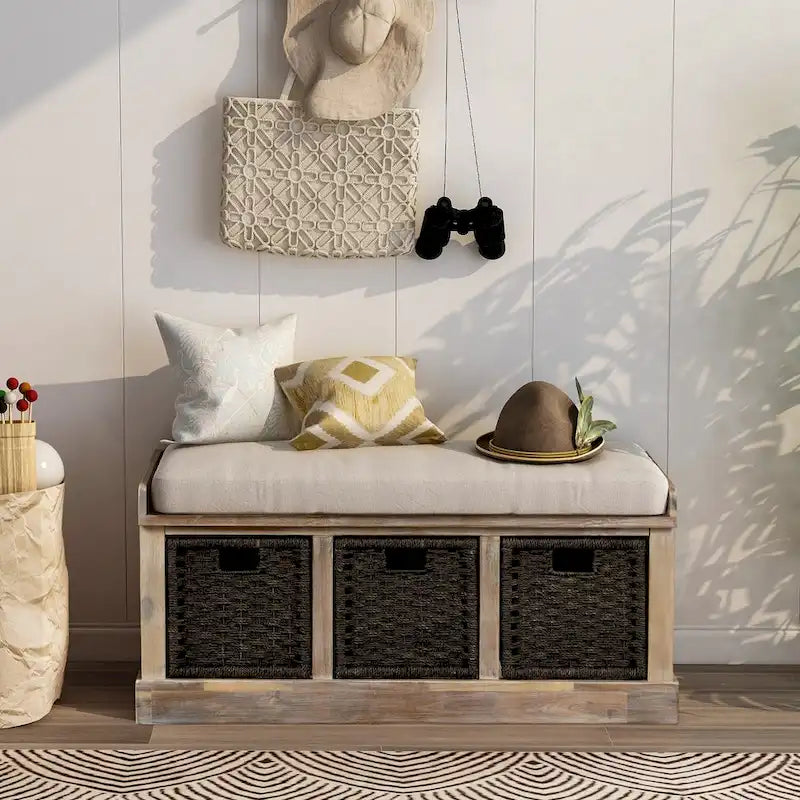 Rustic Storage Bench with 3 Rattan Baskets and Removable Cushion