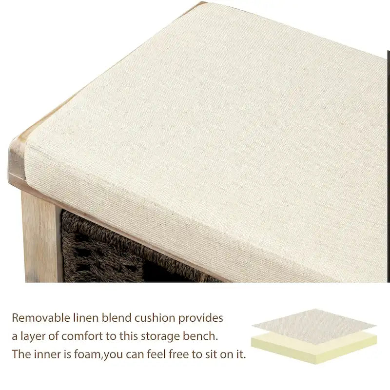 Rustic Storage Bench with 3 Rattan Baskets and Removable Cushion