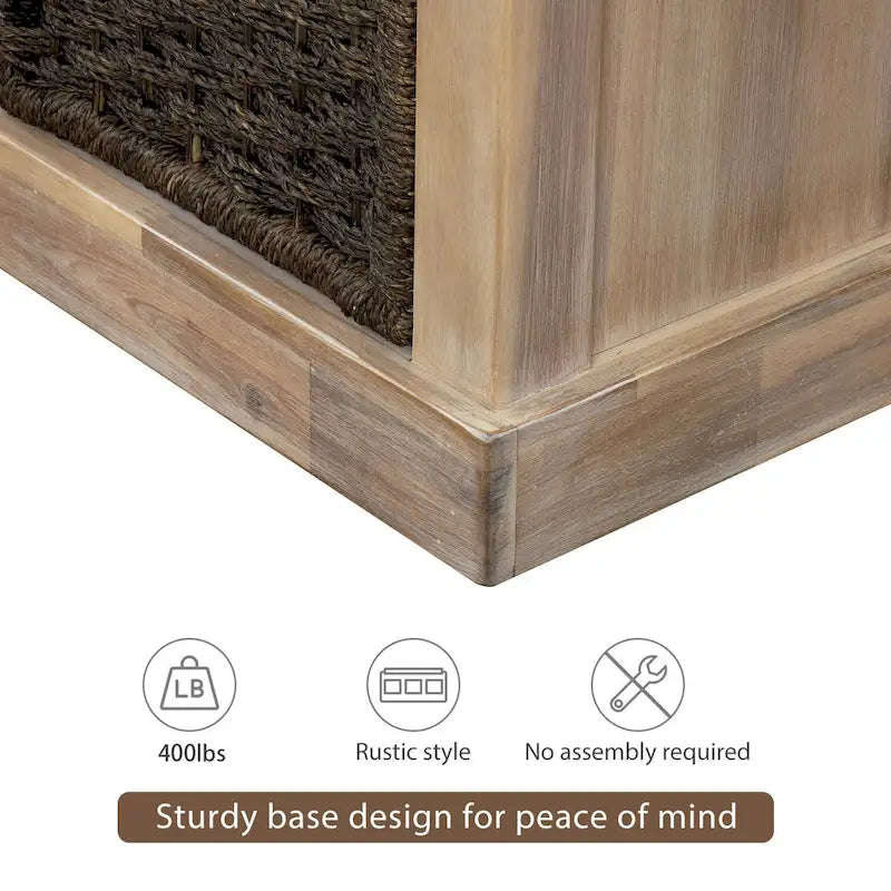 Rustic Storage Bench with 3 Rattan Baskets and Removable Cushion