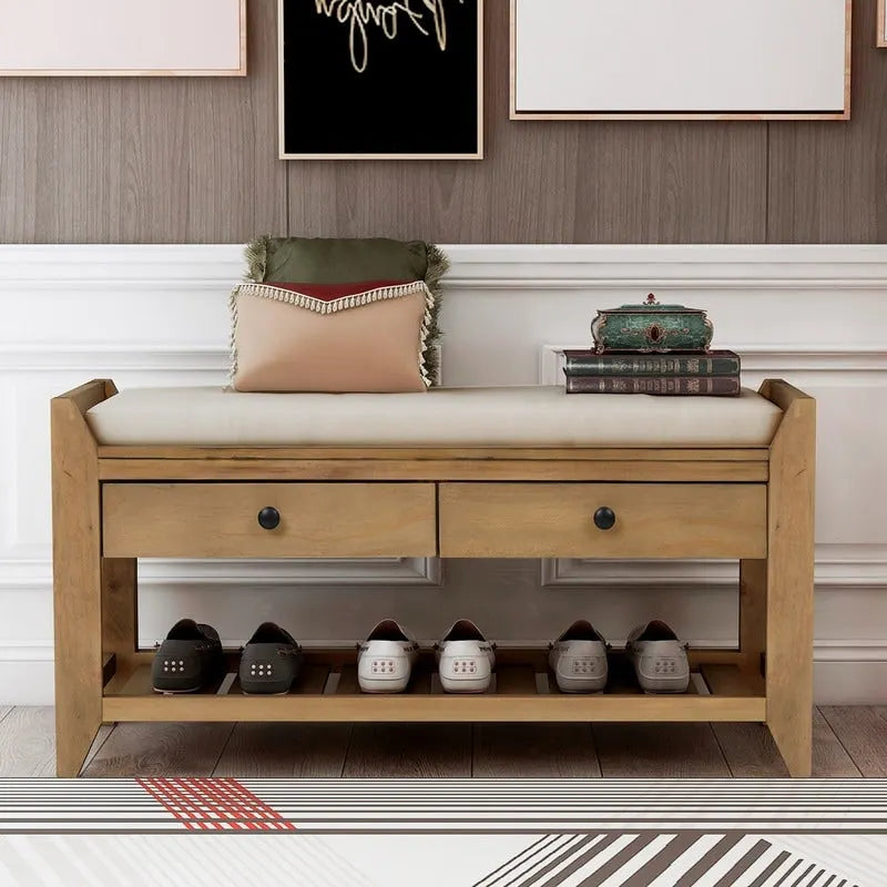 Pine Wood Entryway Storage Bench with Cushioned Seat, 2 Drawers & Grid Shoe Rack