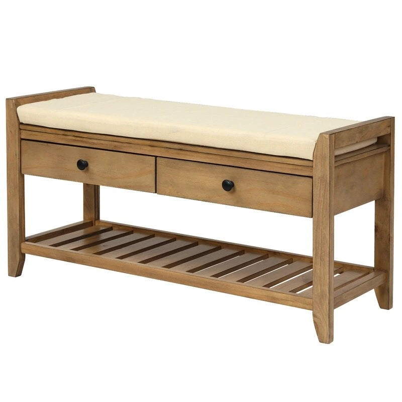 Pine Wood Entryway Storage Bench with Cushioned Seat, 2 Drawers & Grid Shoe Rack