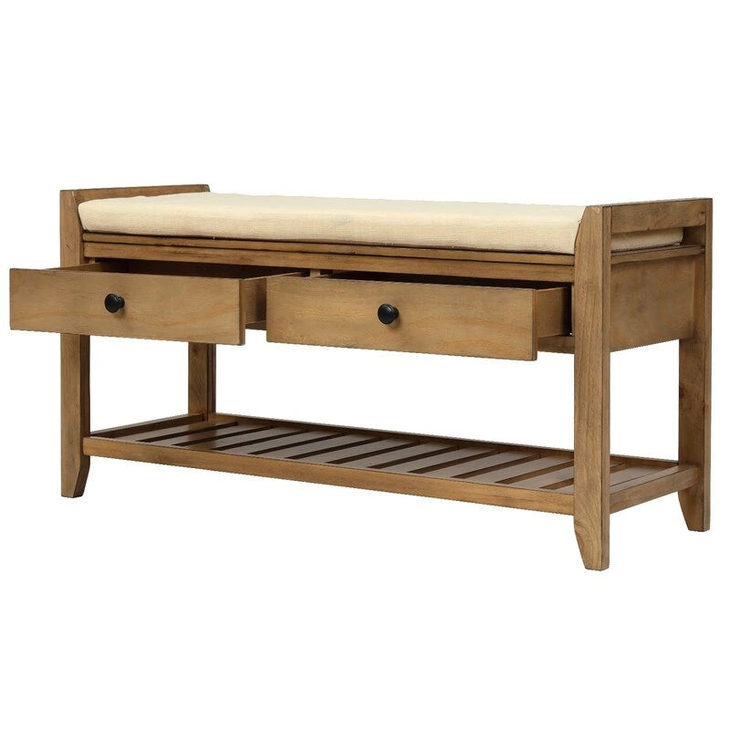 Pine Wood Entryway Storage Bench with Cushioned Seat, 2 Drawers & Grid Shoe Rack