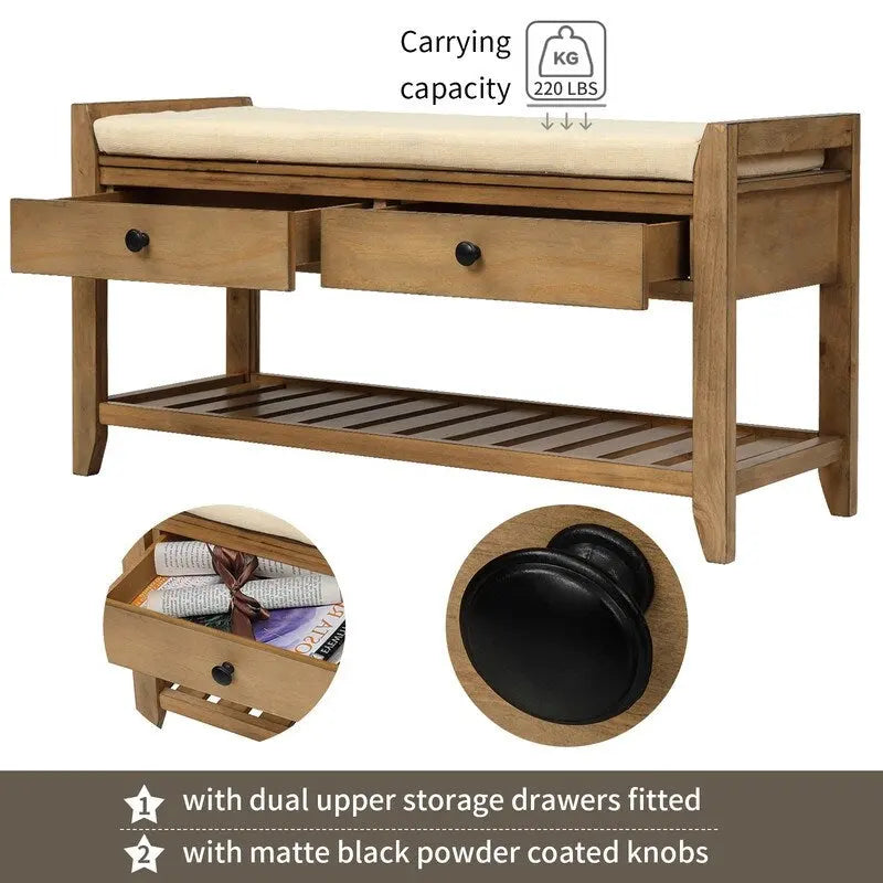 Pine Wood Entryway Storage Bench with Cushioned Seat, 2 Drawers & Grid Shoe Rack