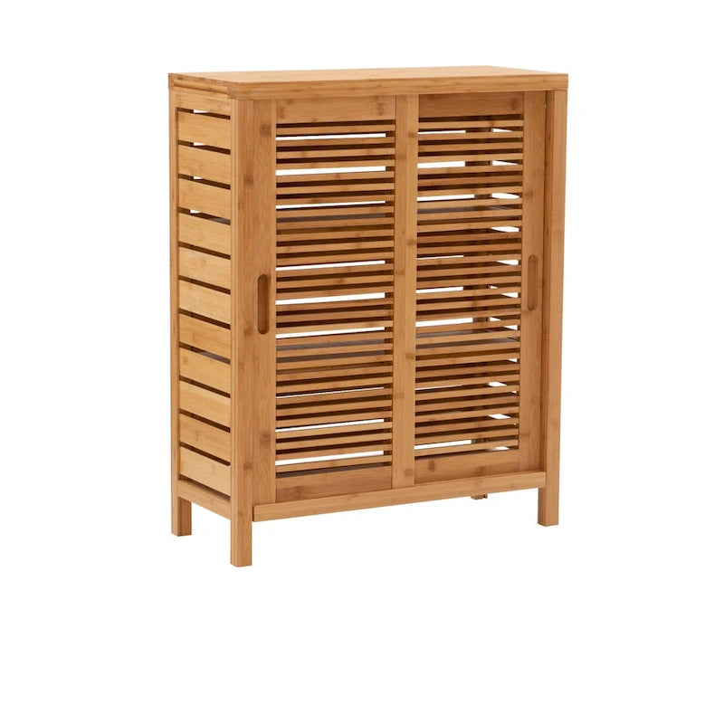 Bamboo Sliding Door Floor Storage Cabinet with 3 Shelves
