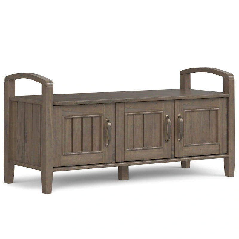 44" Solid Wood Entryway Storage Bench with 3 Doors and Grooved Detail