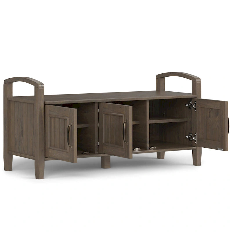 44" Solid Wood Entryway Storage Bench with 3 Doors and Grooved Detail