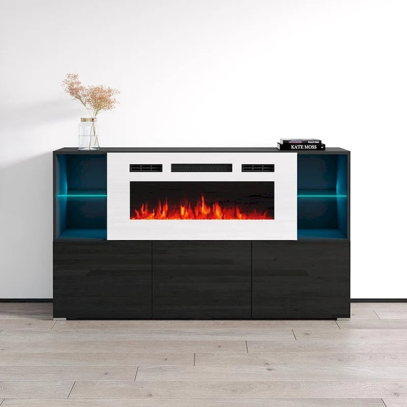 63" Electric Fireplace Sideboard with 4 Open Shelves & Remote Control